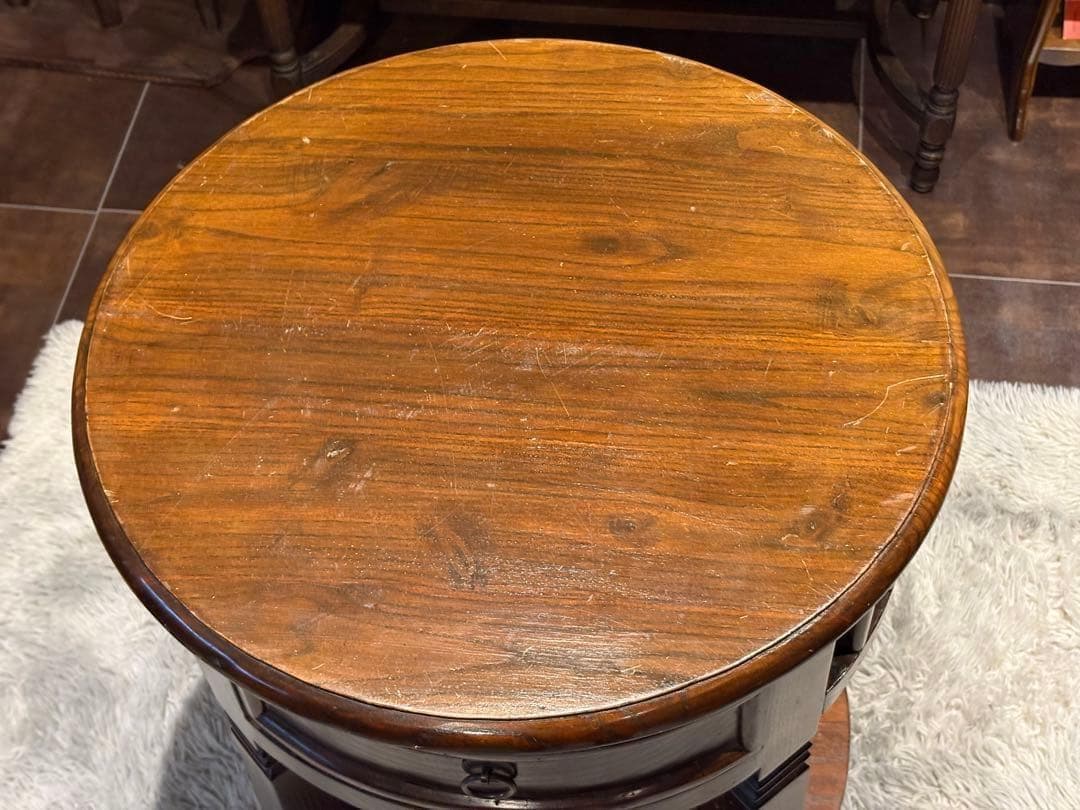 無垢材　アンティーク　コンソール　円形　サイドテーブル　ナイトテーブル　SG