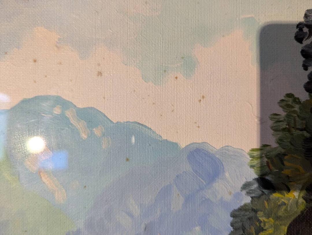 【真作】絵画　油彩10号　渓谷の舟行　雄大な山水と静けさの漂う風景画　Y52