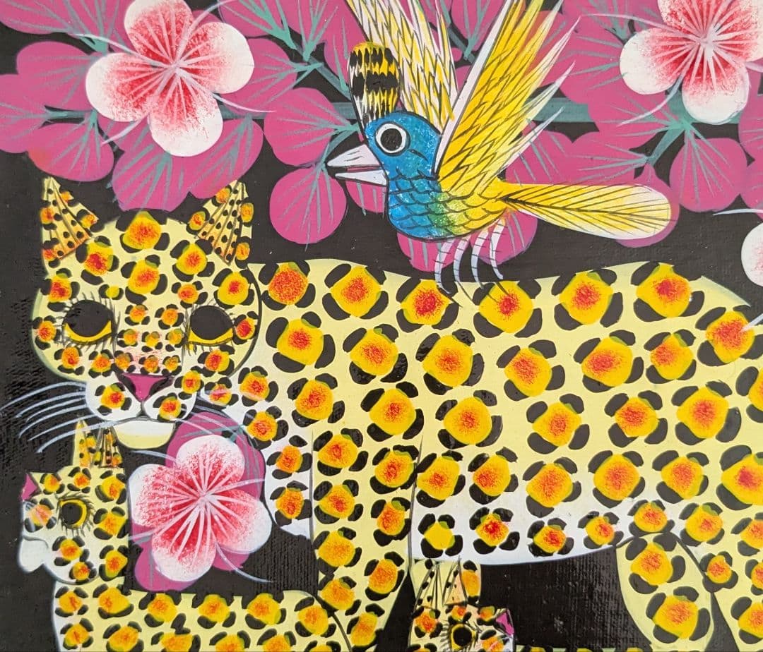 ●アフリカの絵画、ティンガティンガ、レオパード、ナチュラル、20×20cm