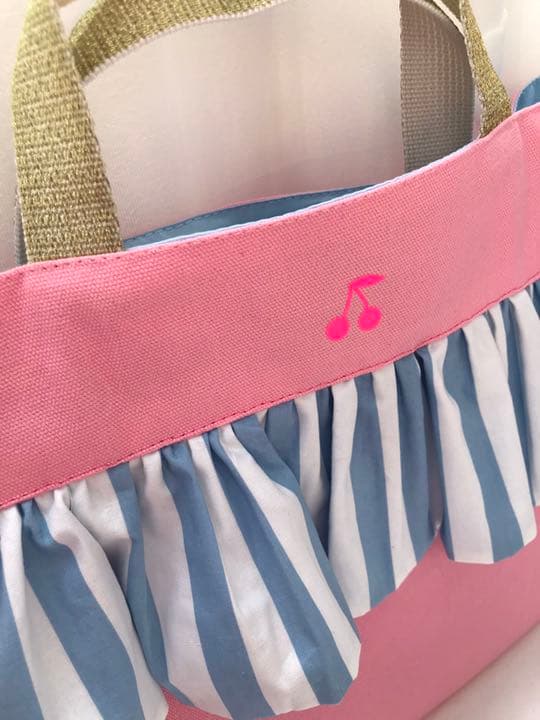 27 ハンドメイド　チェリー　フリルレッスンバッグ ピンク　水色　フリルバッグ