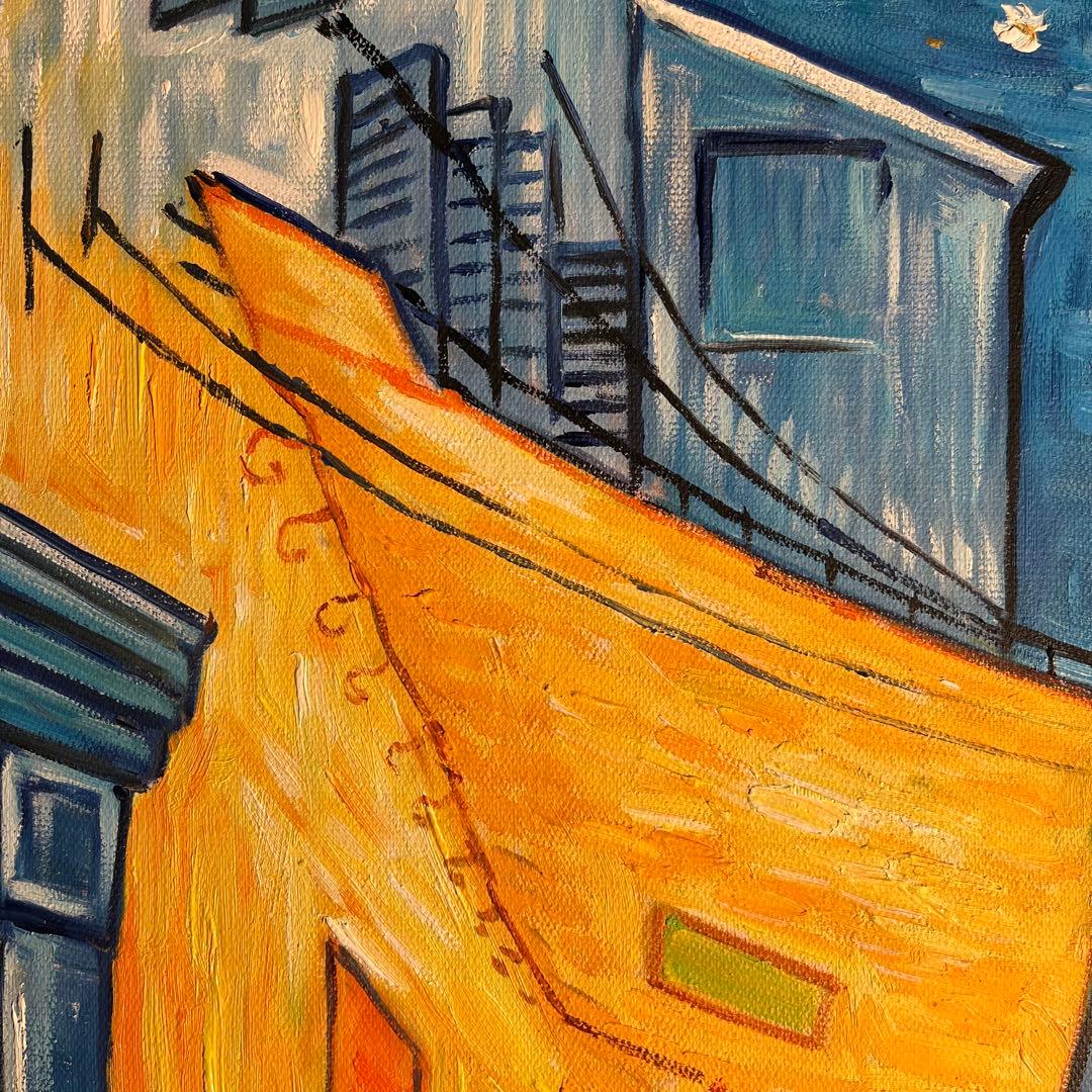 ★秀作★ 手書き油絵 ゴッホ 夜のカフェテラス 肉筆絵画 額付き 油彩画