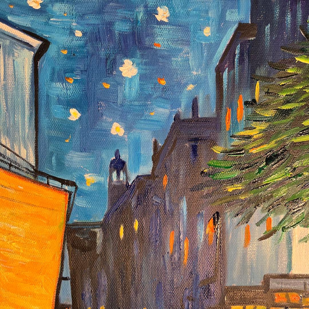 ★秀作★ 手書き油絵 ゴッホ 夜のカフェテラス 肉筆絵画 額付き 油彩画