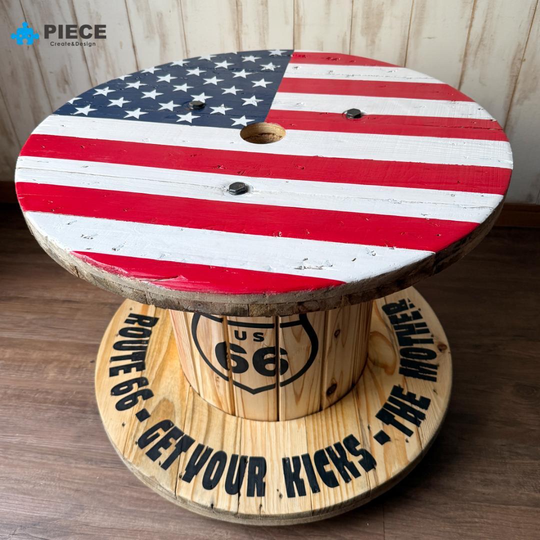 サイドテーブル ケーブル電線ドラム 家具 アメリカン 星条旗A【受注製作】