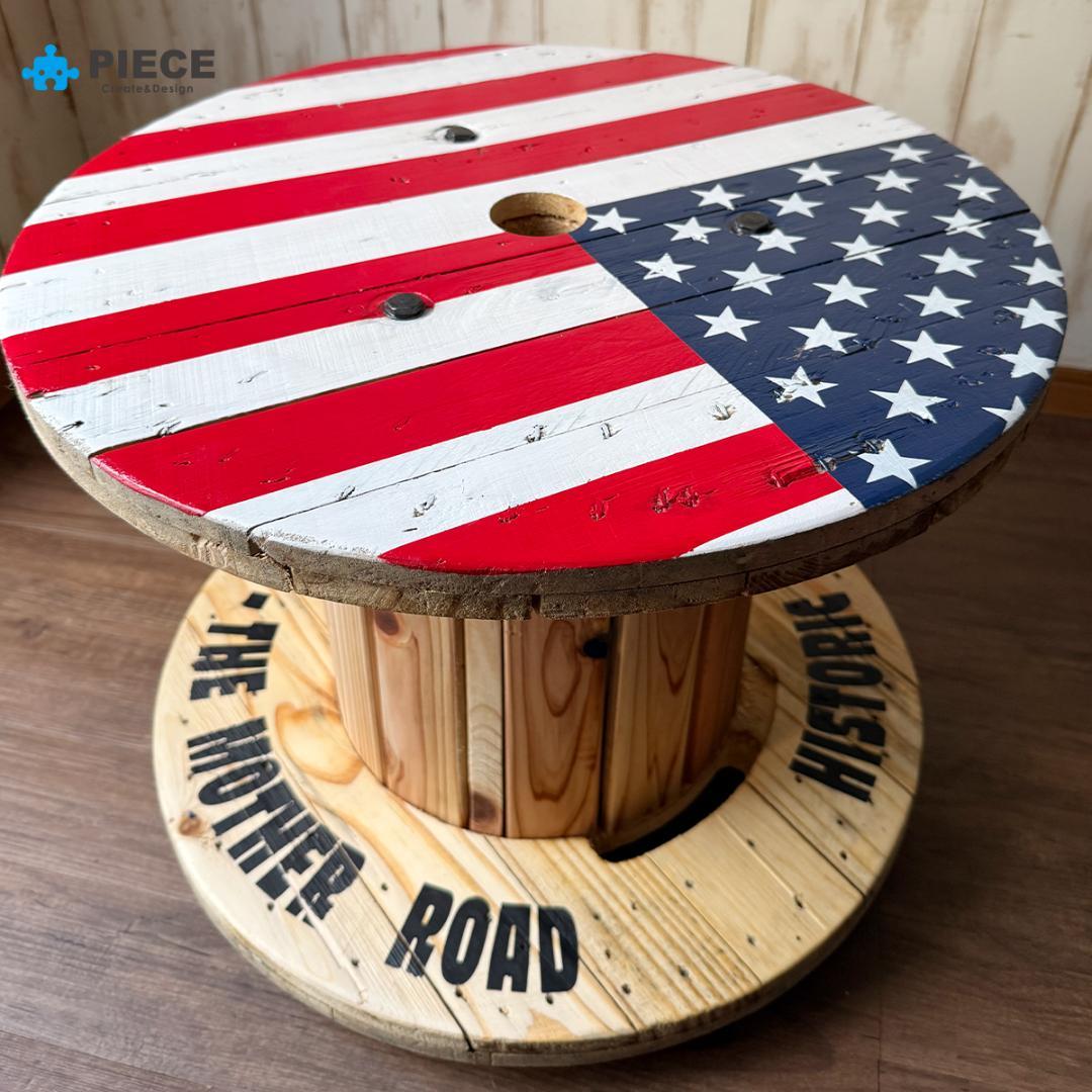 サイドテーブル ケーブル電線ドラム 家具 アメリカン 星条旗A【受注製作】