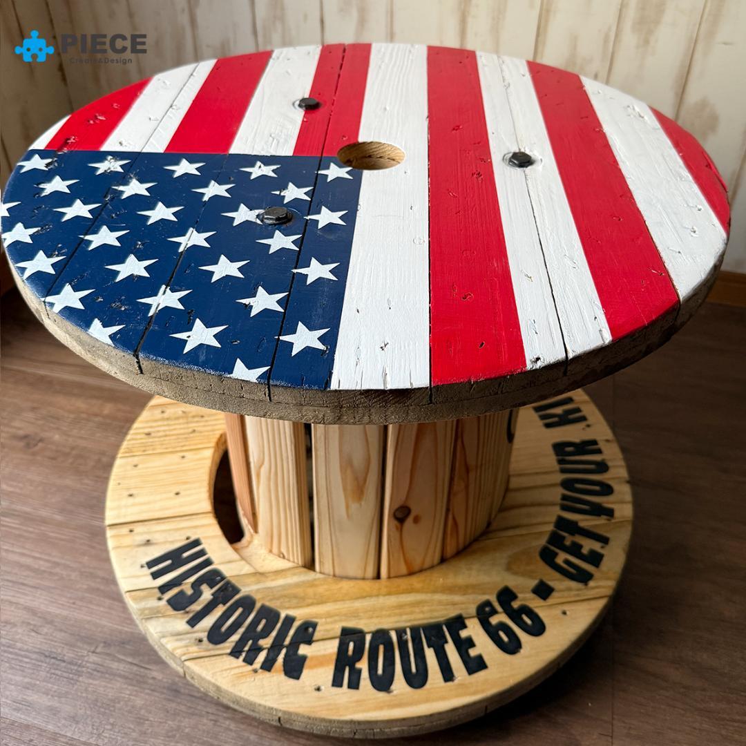 サイドテーブル ケーブル電線ドラム 家具 アメリカン 星条旗A【受注製作】