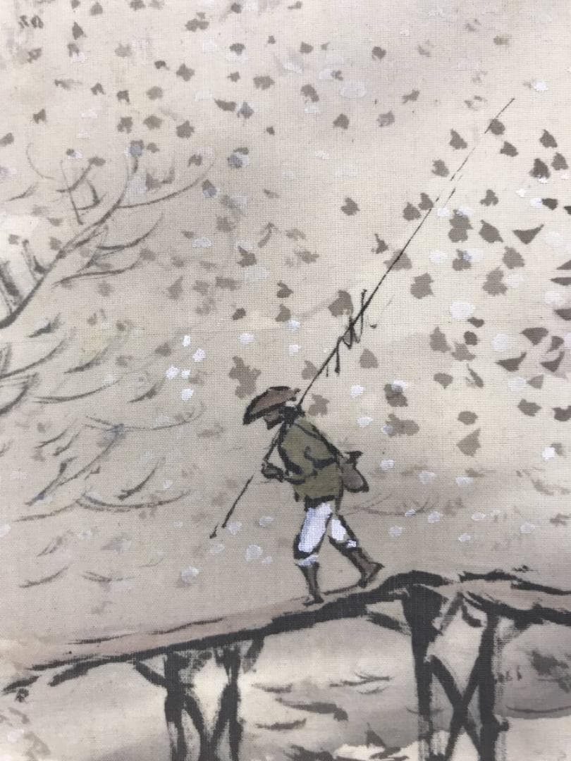 真作/秋錦/春景山水図/釣人図/山水図/掛軸/名家伝来/AD-986