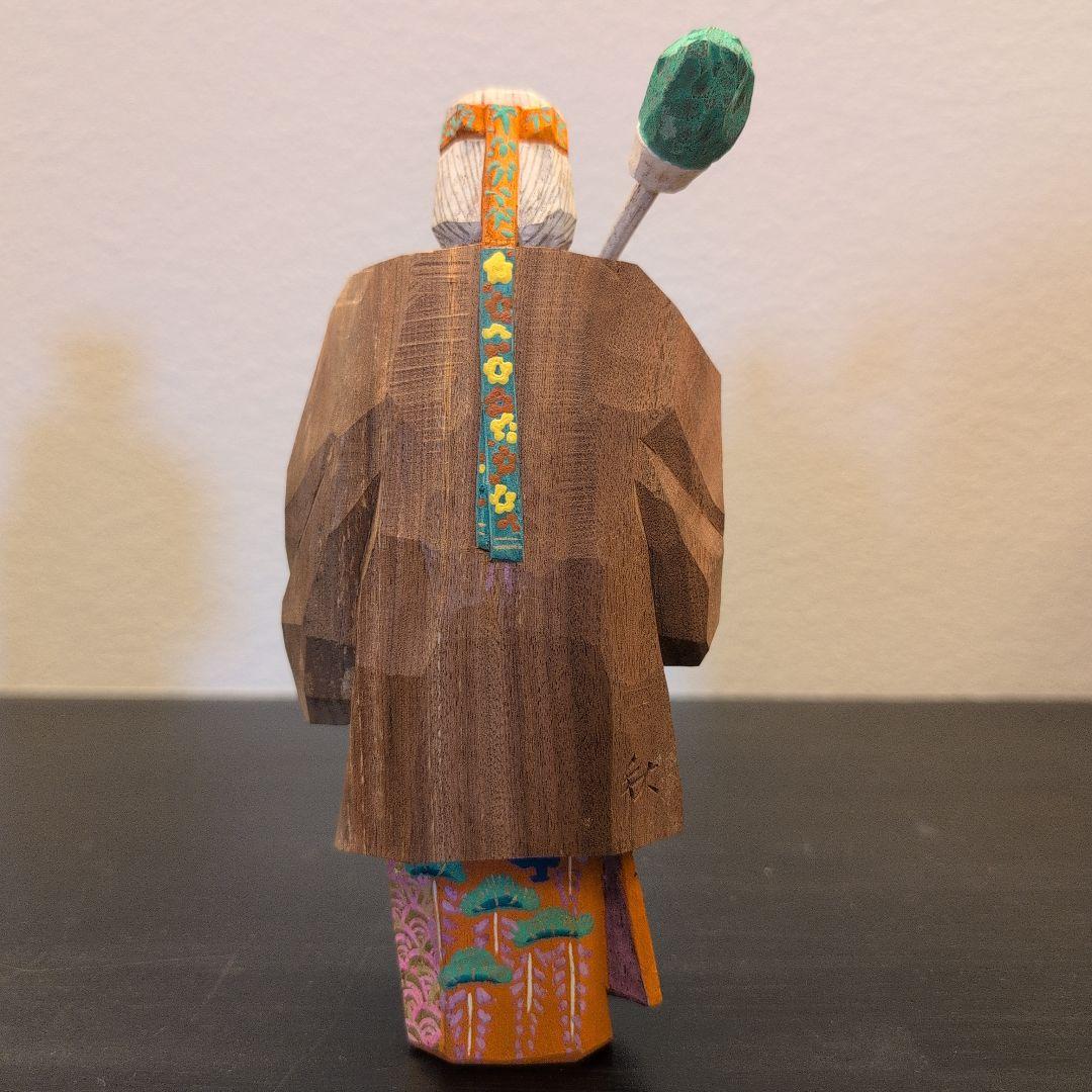 珍品　彫刻家　坂口晴風作　彩色木彫「高砂」　共箱