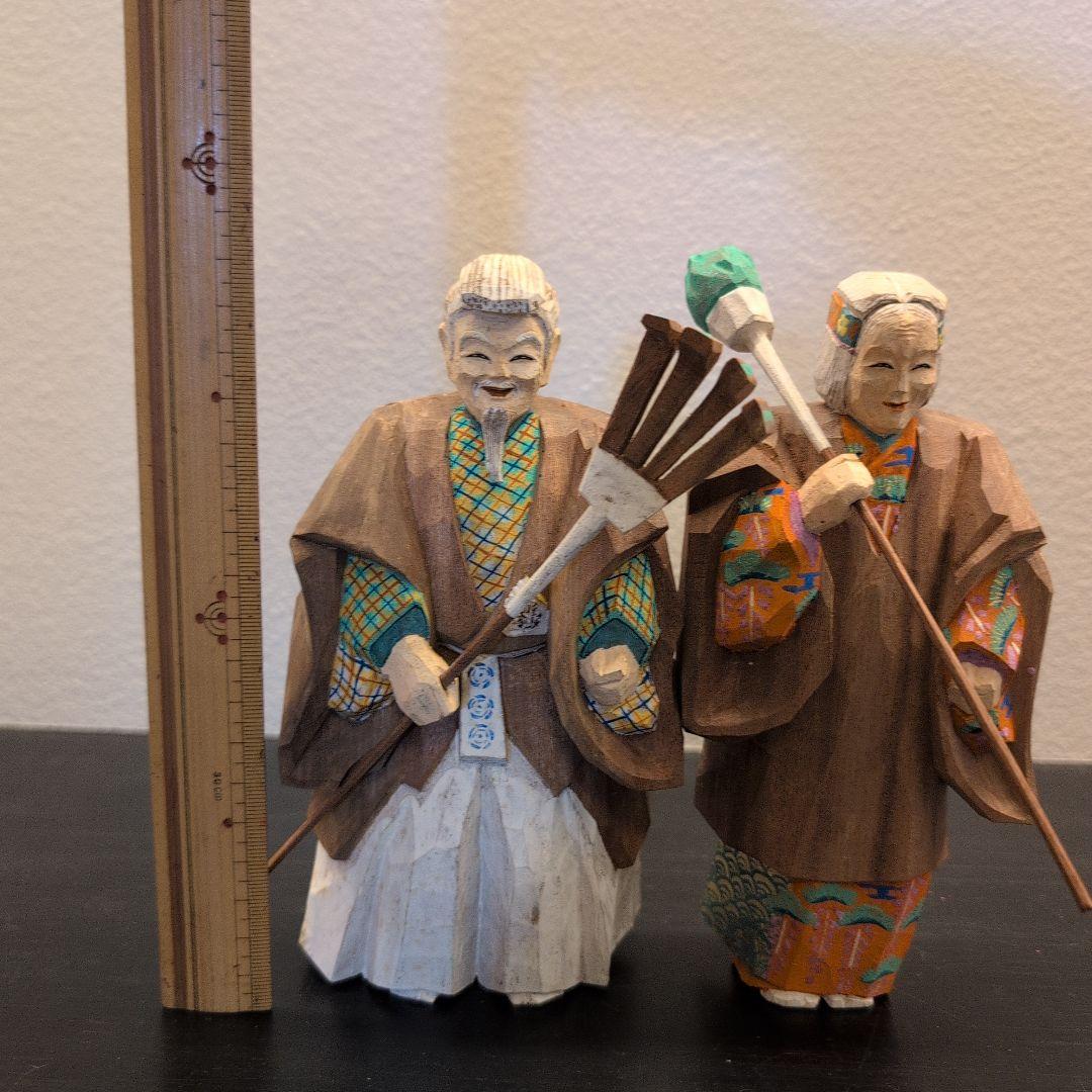 珍品　彫刻家　坂口晴風作　彩色木彫「高砂」　共箱