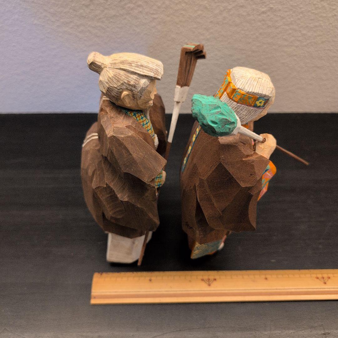 珍品　彫刻家　坂口晴風作　彩色木彫「高砂」　共箱