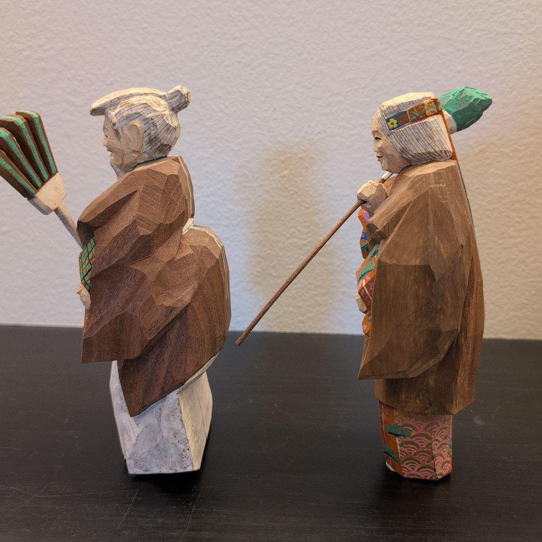 珍品　彫刻家　坂口晴風作　彩色木彫「高砂」　共箱