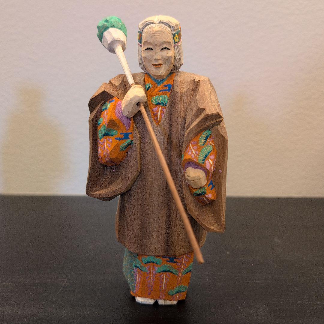 珍品　彫刻家　坂口晴風作　彩色木彫「高砂」　共箱