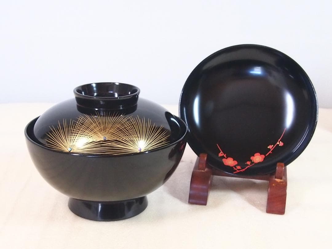【良品】木製漆器 松沈金/梅蒔絵 雑煮椀 5客 煮物椀/大椀/お椀 漆器/食器
