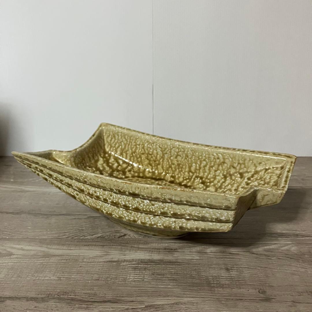 D-壁【極美品】水盤 花器 陶器 変形 船型 モダン 生け花 華道 自由花