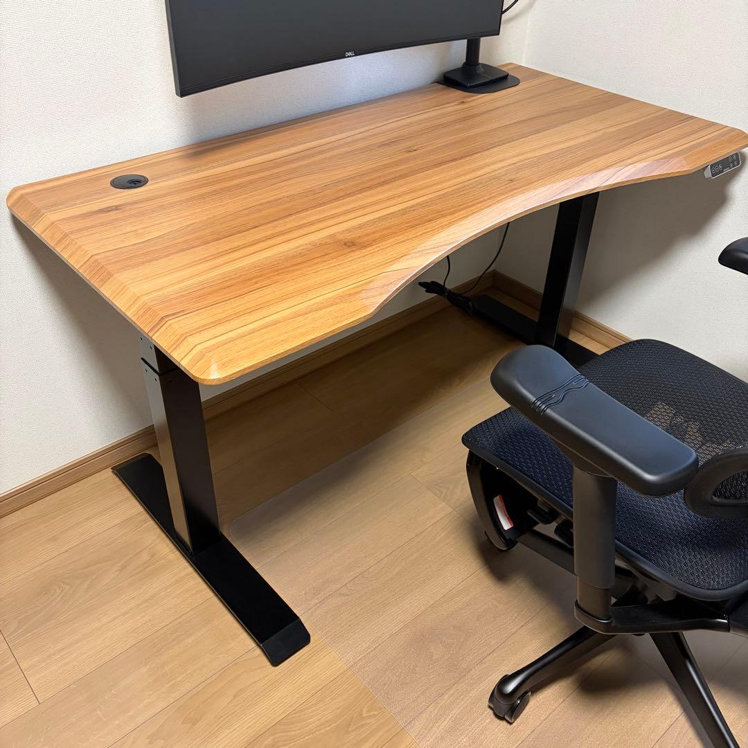 flexispot 電動昇降式デスクE7+カーブ天板ブラウン（ケーブルトレー付）