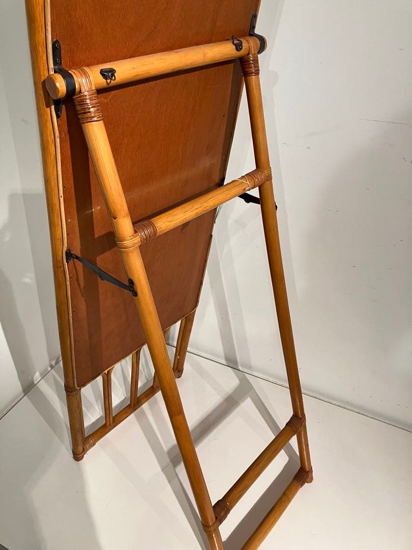 オールド　ラタン　スタンドミラー、折りたたみ、レトロ、和モダン、姿見、鏡、