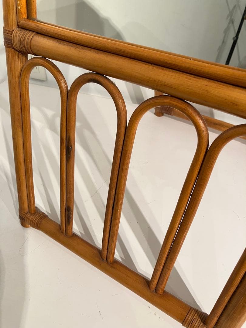 オールド　ラタン　スタンドミラー、折りたたみ、レトロ、和モダン、姿見、鏡、