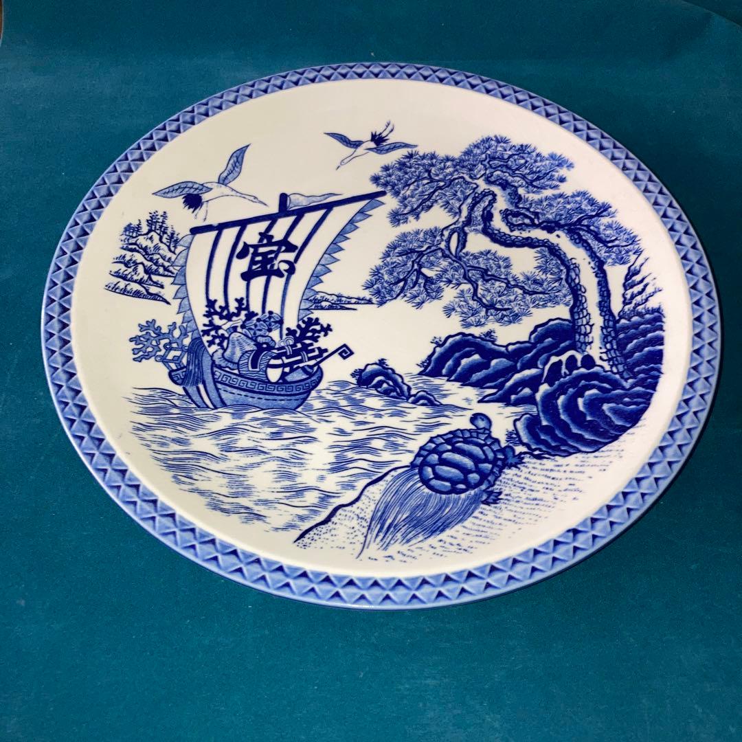 青い海と船の絵柄の陶器皿 約32cm