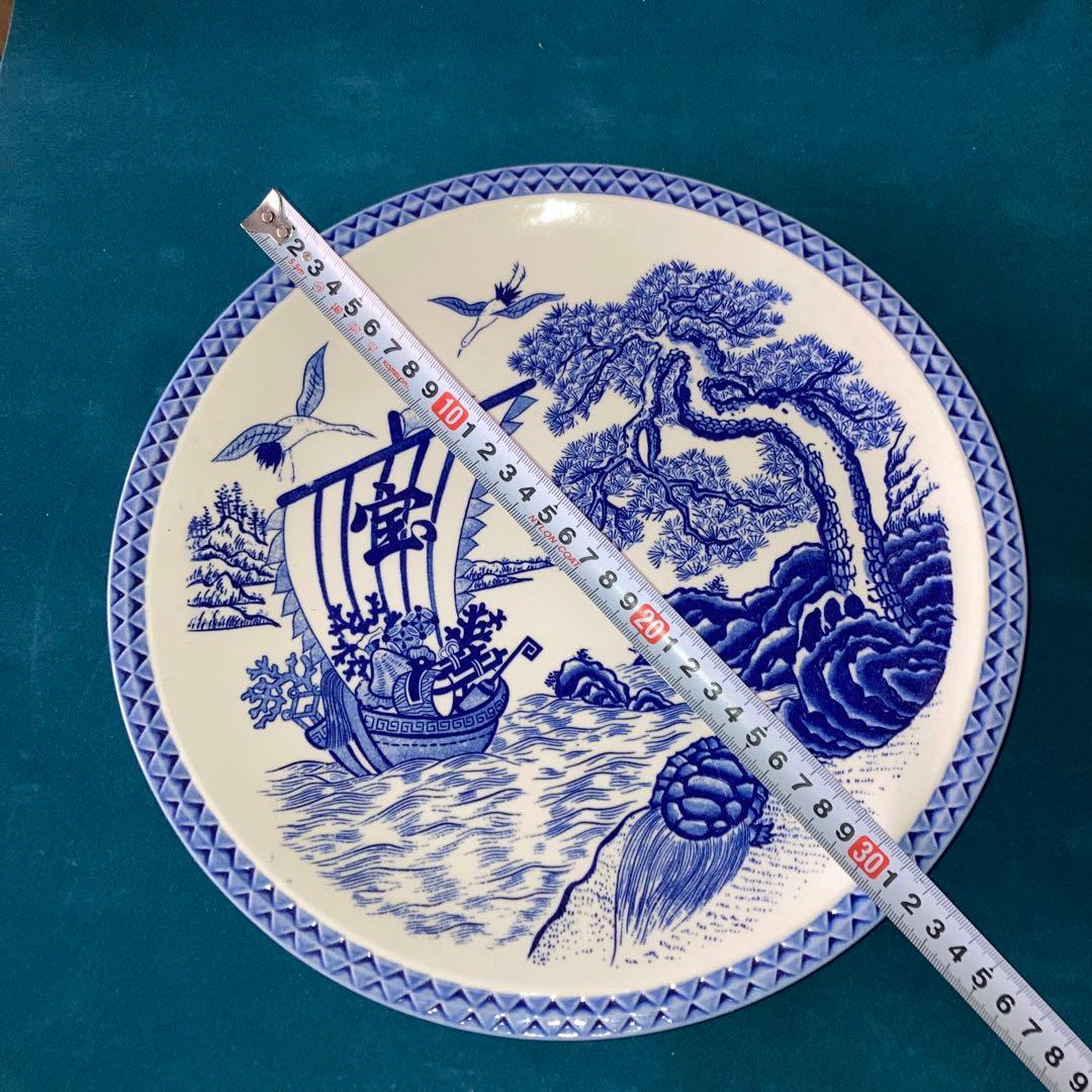 青い海と船の絵柄の陶器皿 約32cm