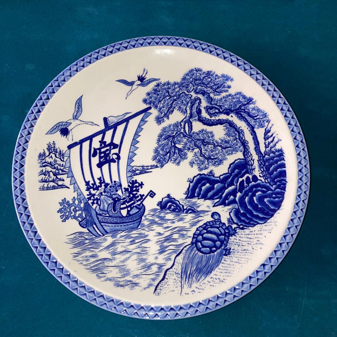 青い海と船の絵柄の陶器皿 約32cm