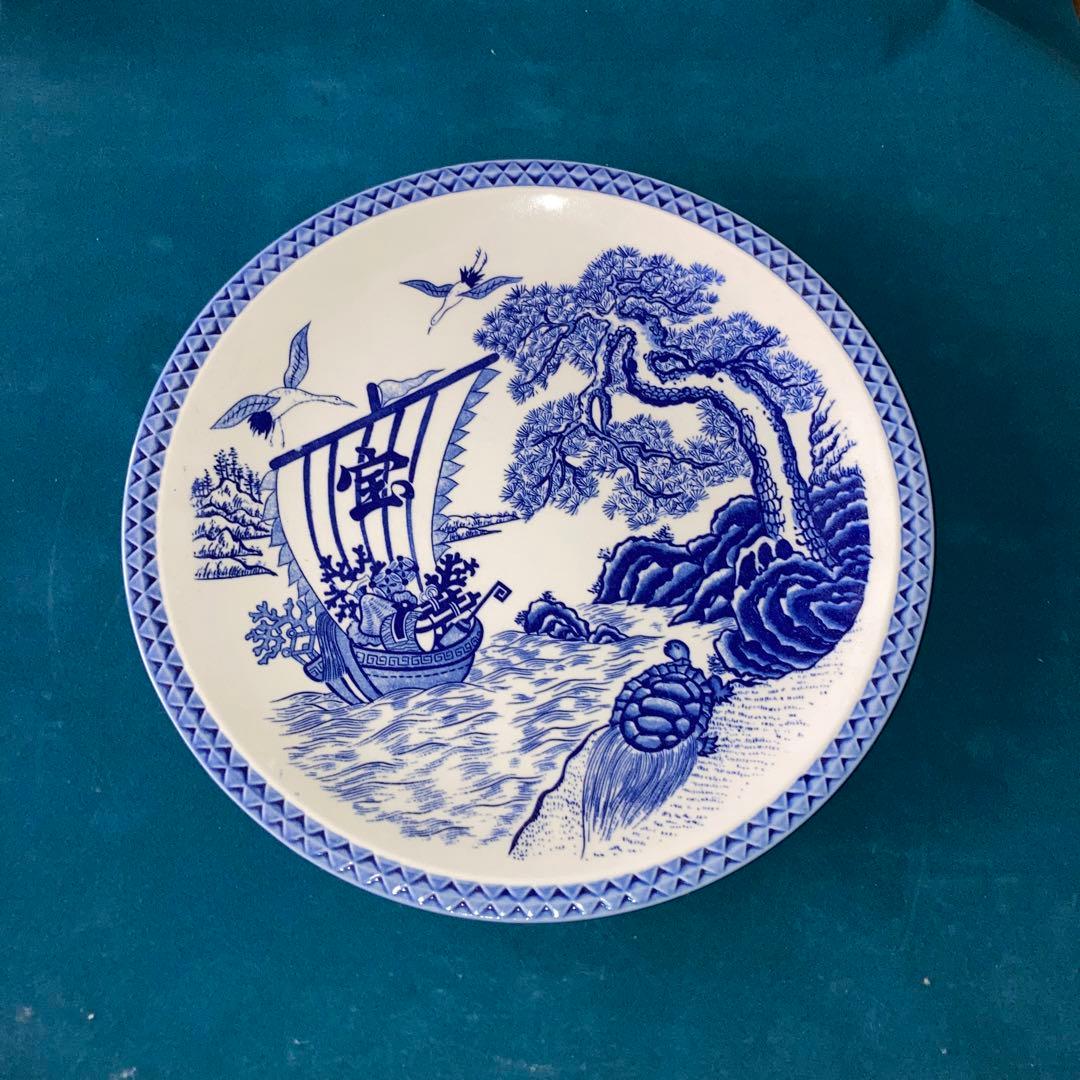 青い海と船の絵柄の陶器皿 約32cm