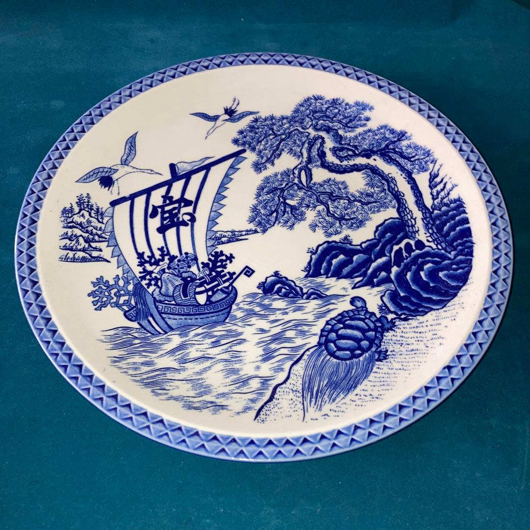 青い海と船の絵柄の陶器皿 約32cm