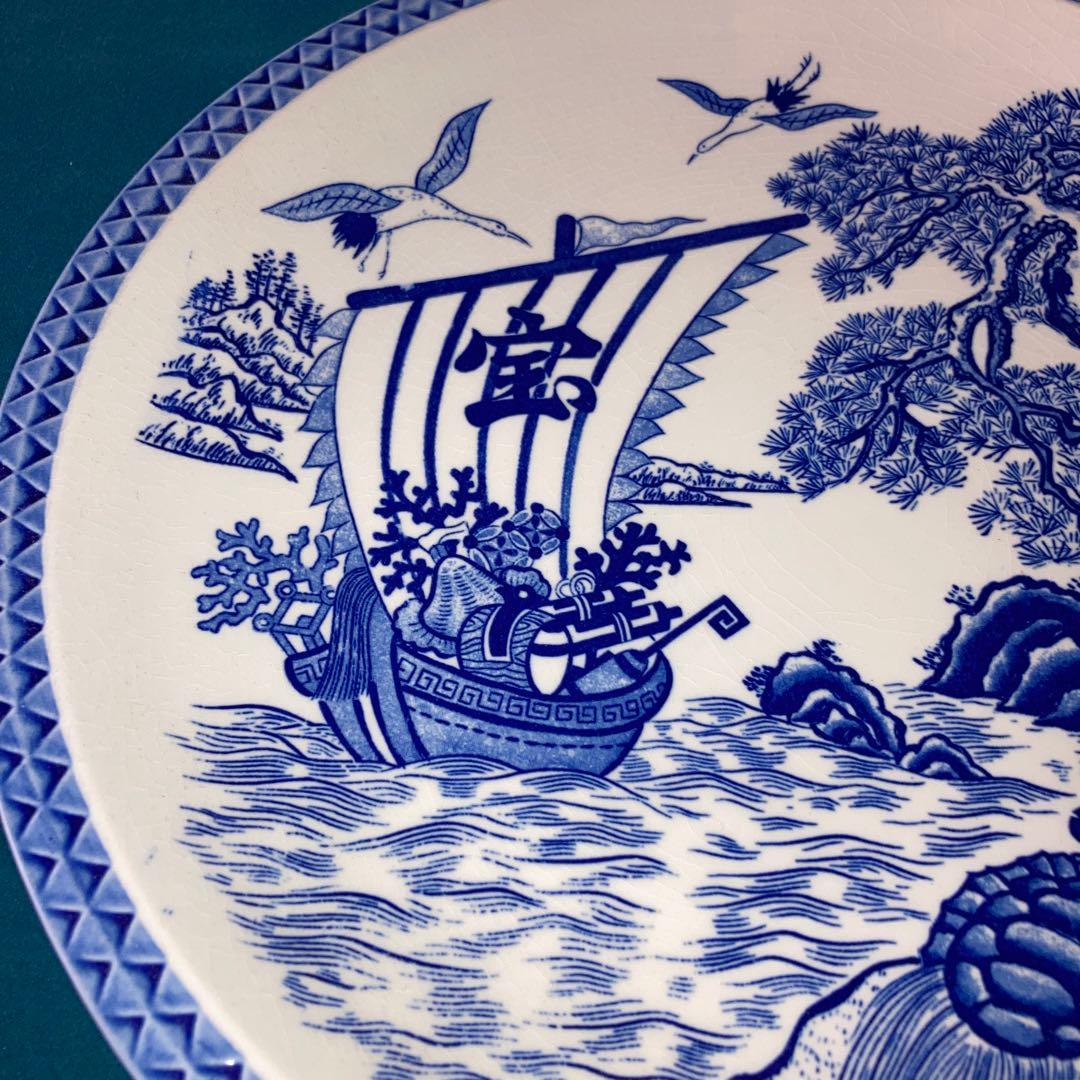 青い海と船の絵柄の陶器皿 約32cm