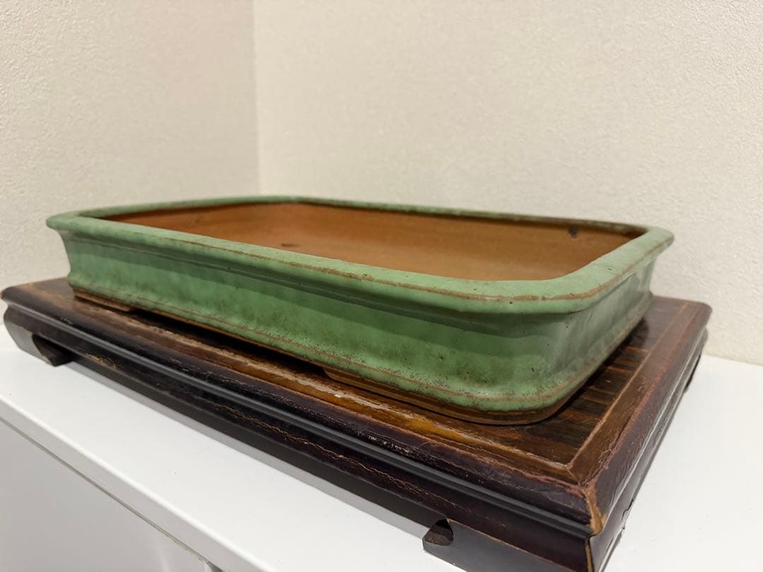 秀峰造　釘彫落款　盆栽鉢　緑釉　常滑　織部釉