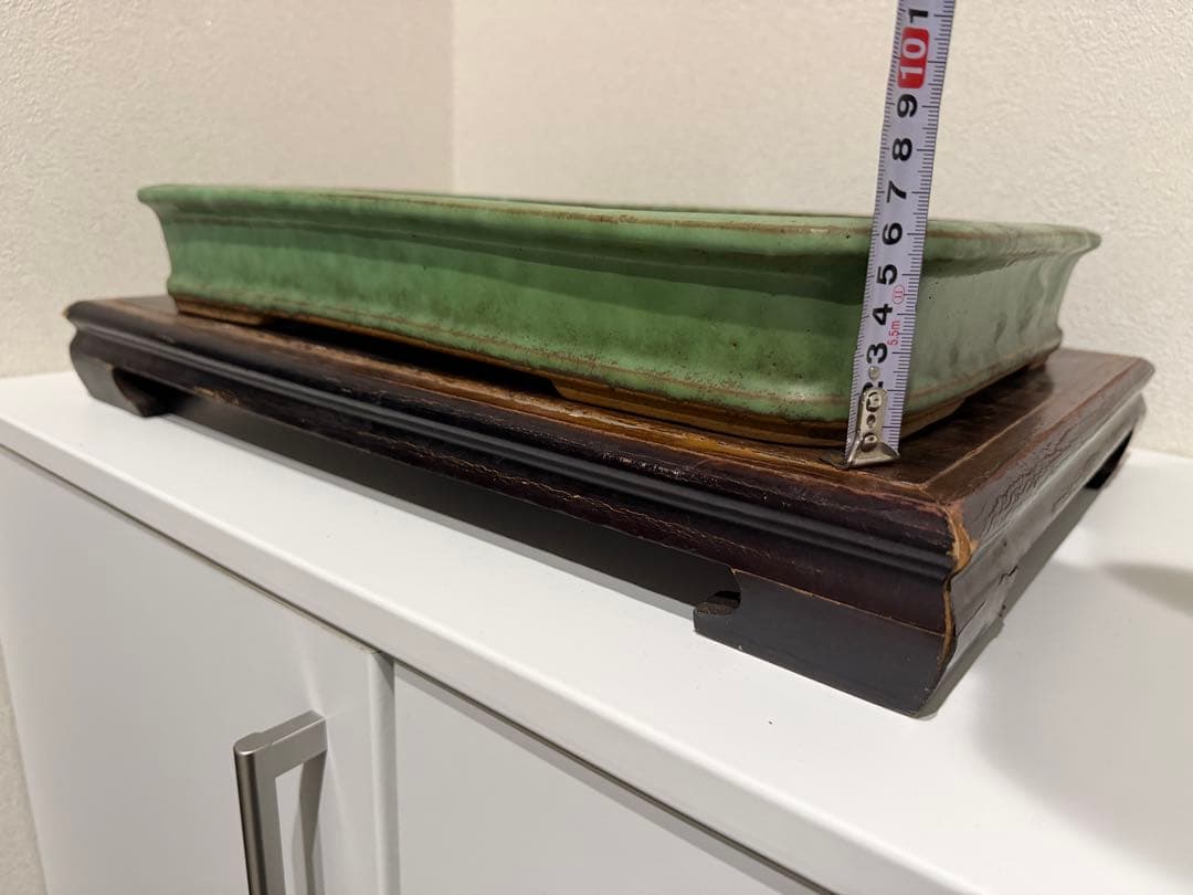 秀峰造　釘彫落款　盆栽鉢　緑釉　常滑　織部釉