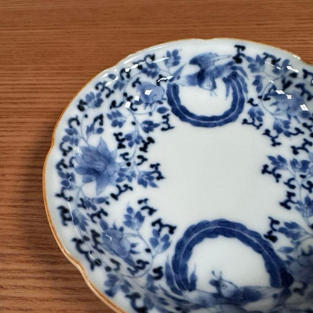 有田焼 李荘窯 渕錆染付花唐草鳳凰文 輪花4寸皿☆