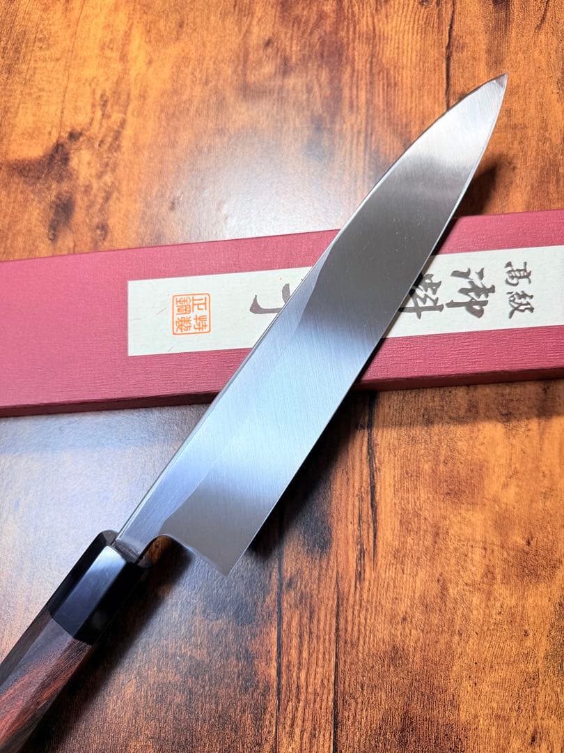 【堺打刃物】左用　身卸 出刃　白鋼　包丁　8寸　紫檀水牛八角柄