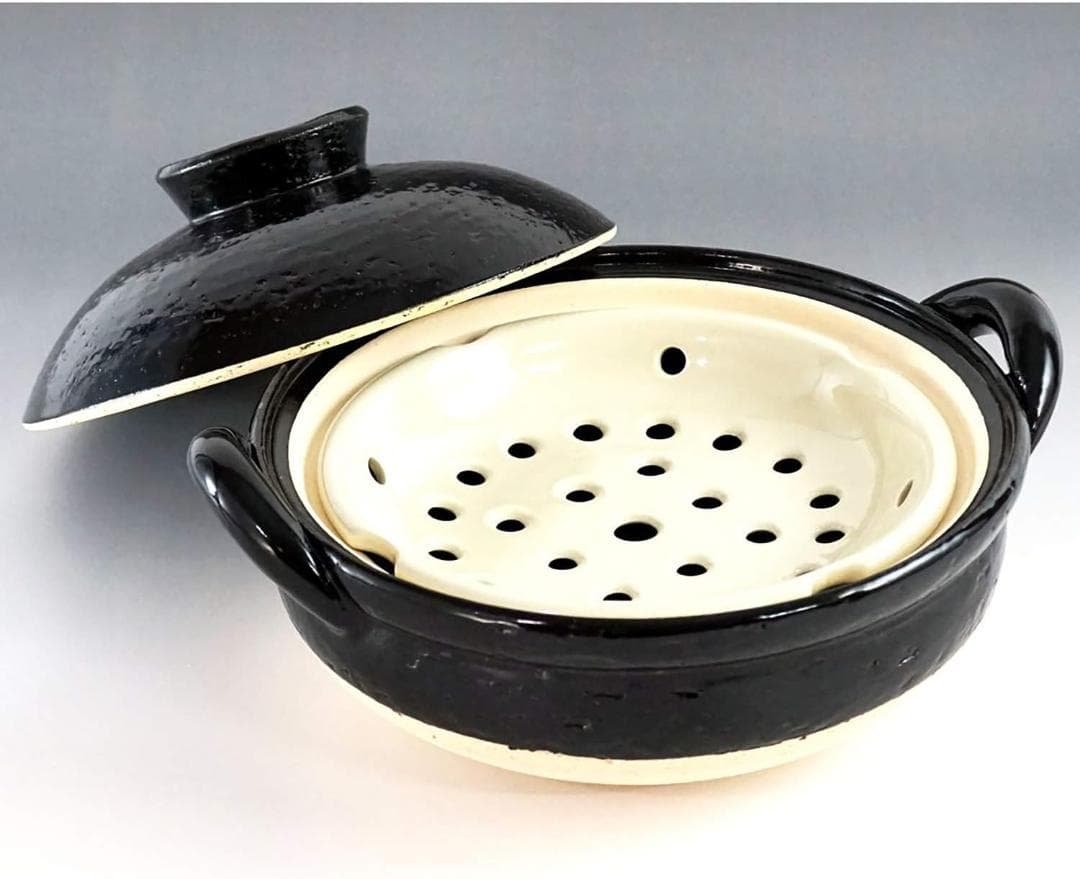 長谷園 ヘルシー蒸し鍋 黒 中 (直火専用) 直火対応 NZW-22