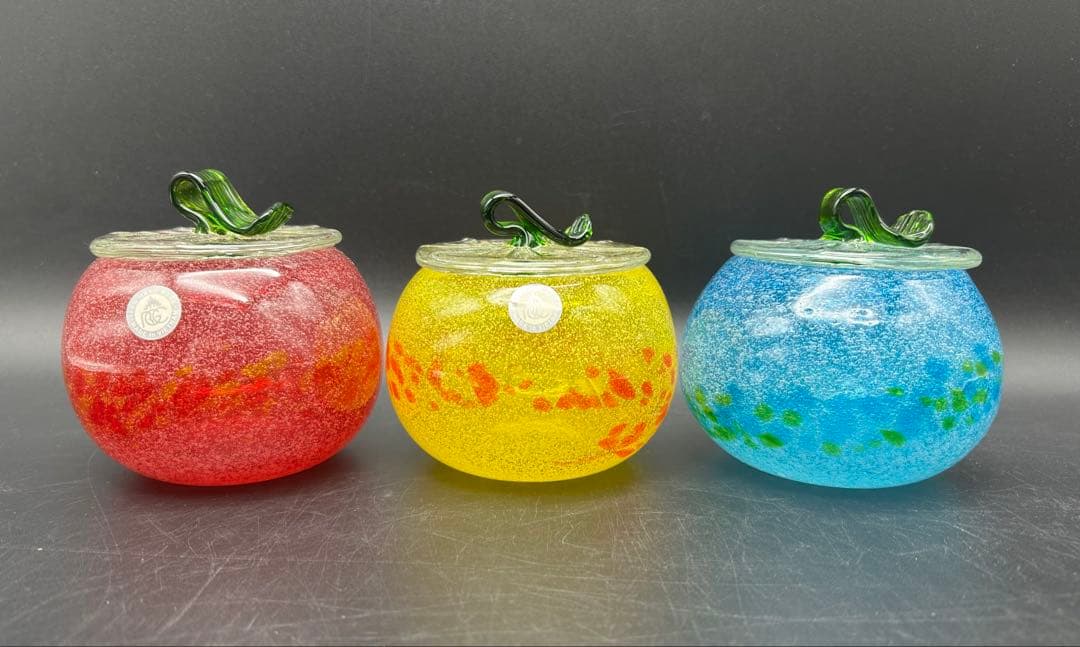 琉球ガラス　泡カレット　菓子入れ　キャニスター　レッド　イエロー　ブルー　未使用