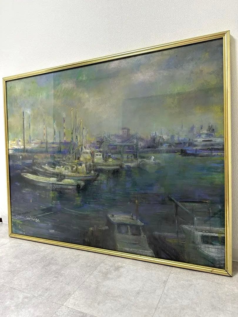 静かな港 油彩画 額装絵画／サインあり／横長大型作品