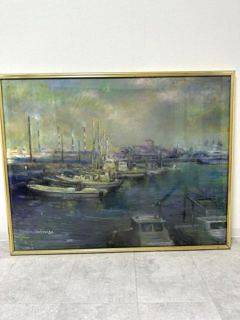 静かな港 油彩画 額装絵画／サインあり／横長大型作品