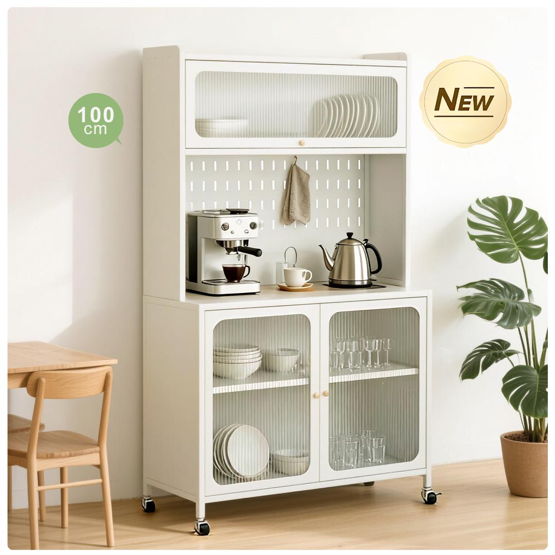 食器棚　キッチン収納　ガラス扉　大容量でしっかり収納　おしゃれ　WHITE