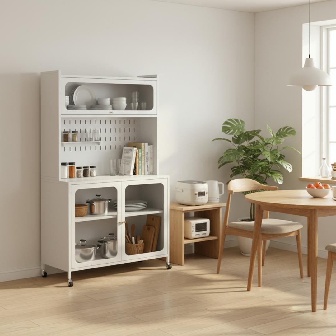 食器棚　キッチン収納　ガラス扉　大容量でしっかり収納　おしゃれ　WHITE