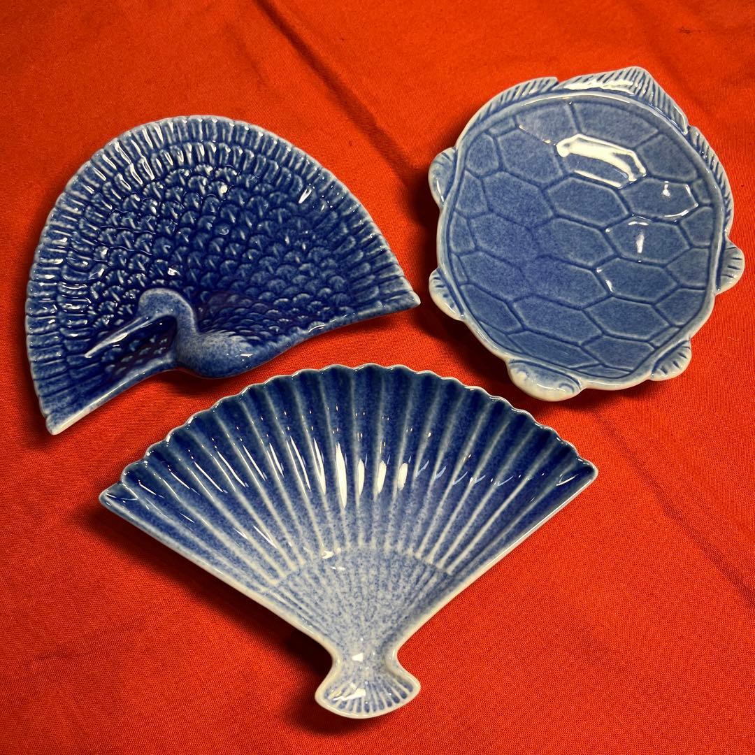 深川製磁「染付鶴・亀・扇型銘々皿」3枚セット