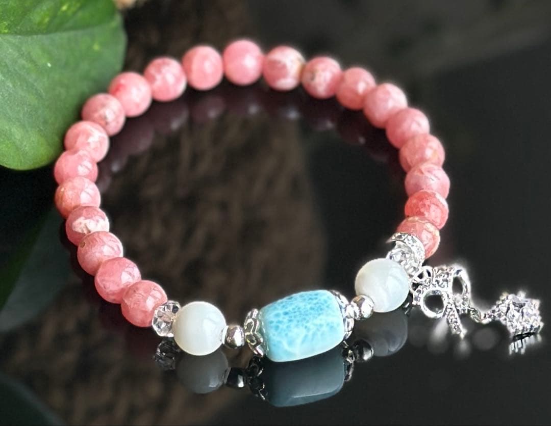 ラリマー×インカローズ 天然石ブレスレット チャーム付き癒しと愛情