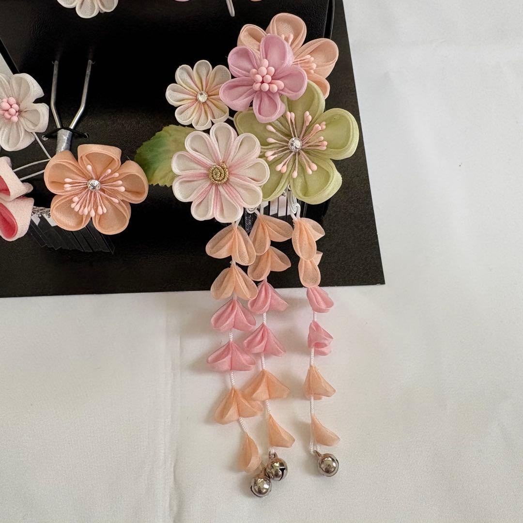 七五三 髪飾り 勝山かんざし 桜色 緑 7歳 つまみ細工