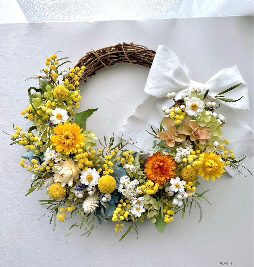 ミモザと春の花　ミモザ　ドライフラワーリース Ⅺ