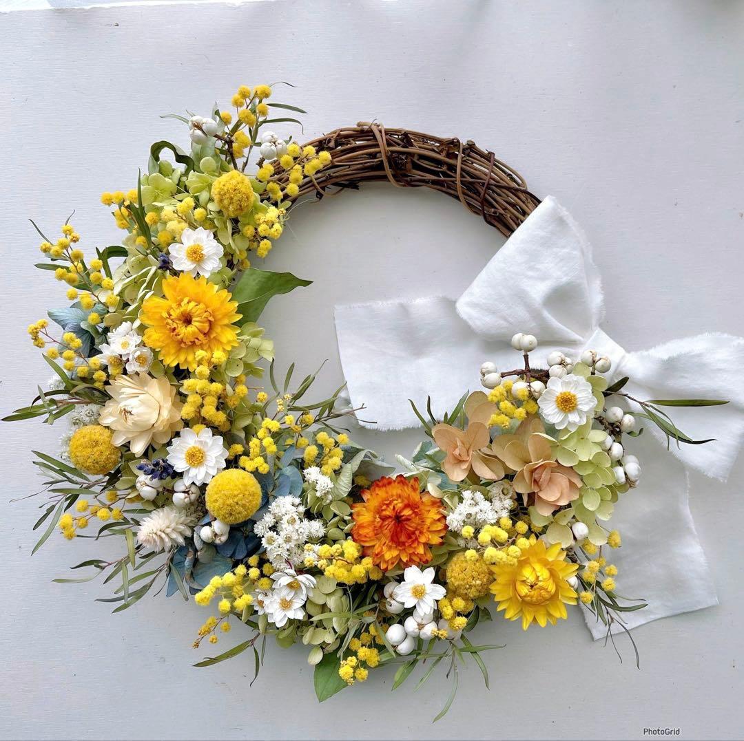 ミモザと春の花　ミモザ　ドライフラワーリース Ⅺ