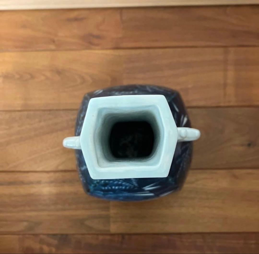 円左エ門 有田焼 花瓶 壺 藍色 鶴 波 月 唐草模様 アンティーク 伝統工芸