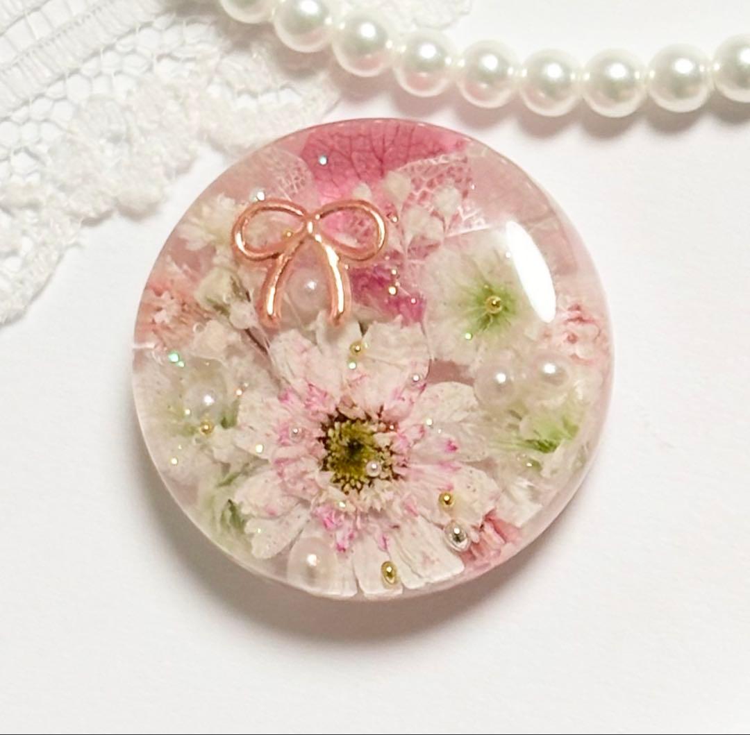 688可憐な♡レジンヘアゴム ピンク マトリカリア ゴールドリボン