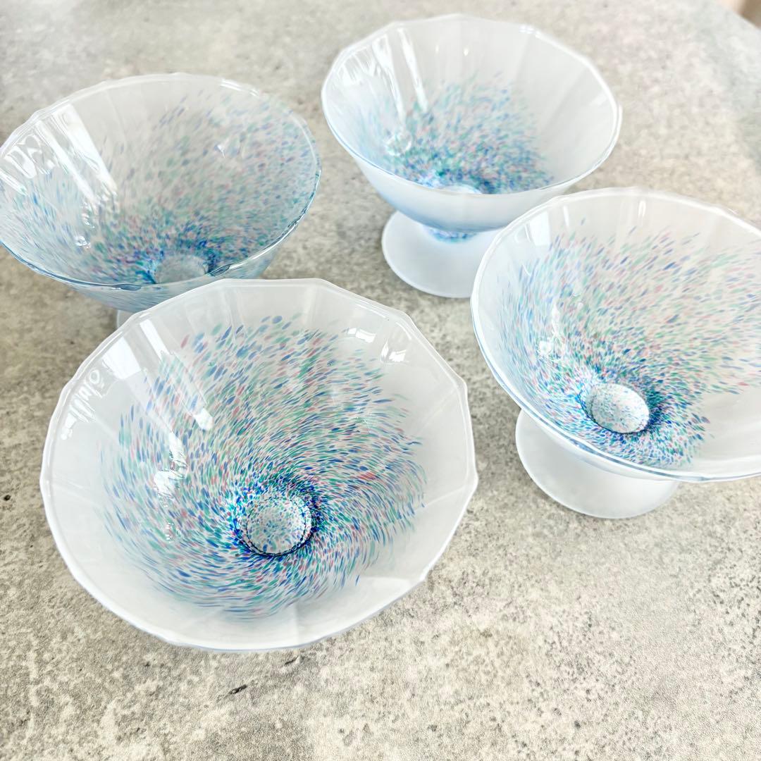 ガラス　コンポート　3個セット　瑠璃色　ブルー　すりガラス　高台小鉢　高台小付