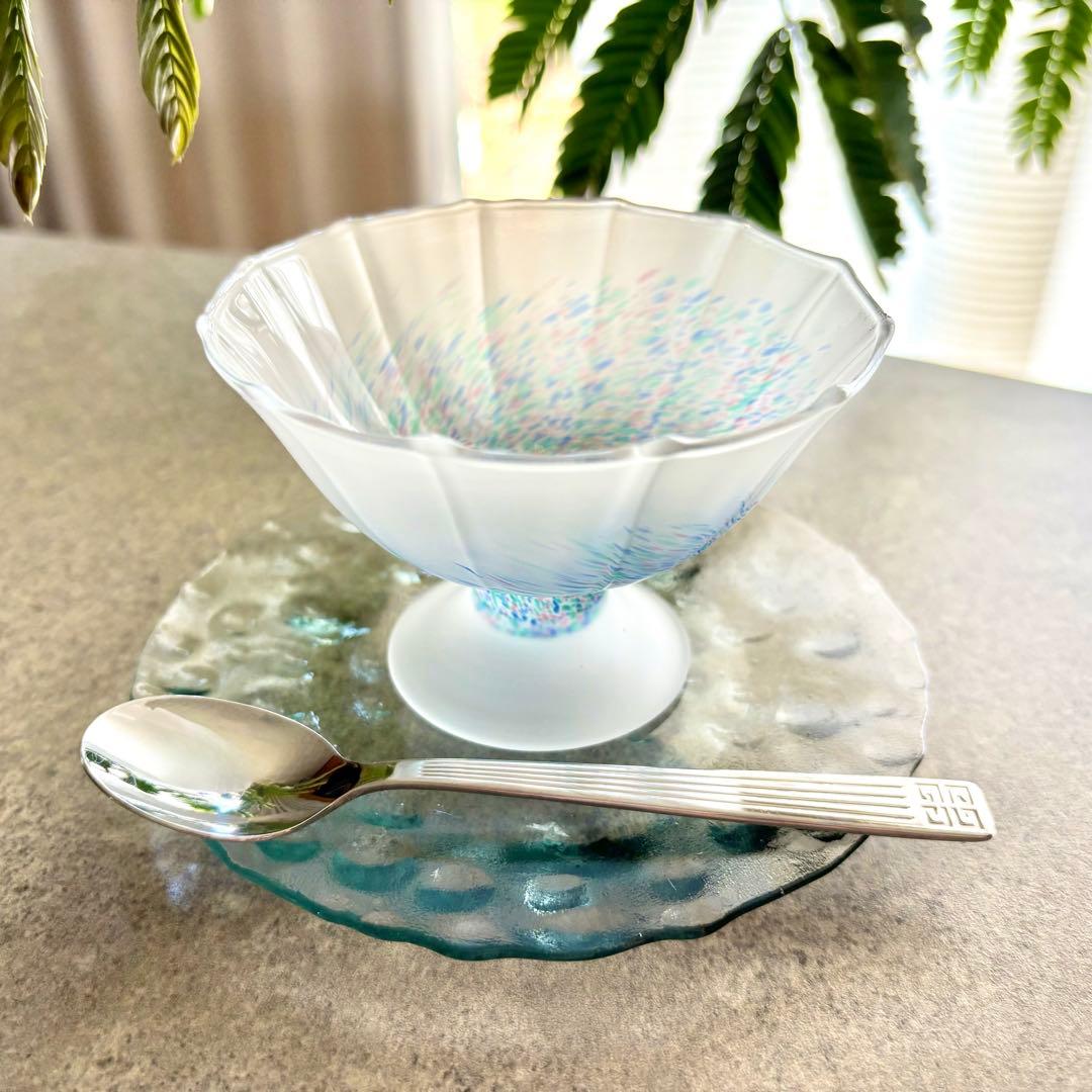 ガラス　コンポート　3個セット　瑠璃色　ブルー　すりガラス　高台小鉢　高台小付