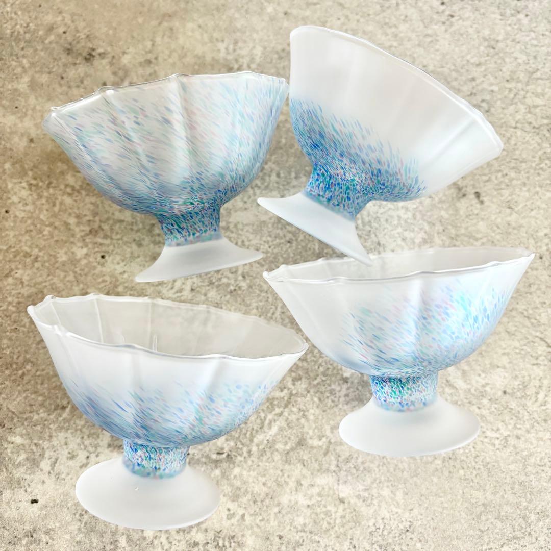 ガラス　コンポート　3個セット　瑠璃色　ブルー　すりガラス　高台小鉢　高台小付