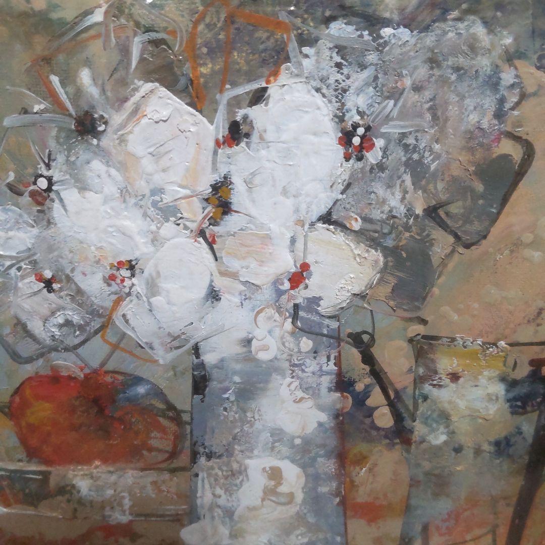 油彩画 花瓶の花 白いフレーム
