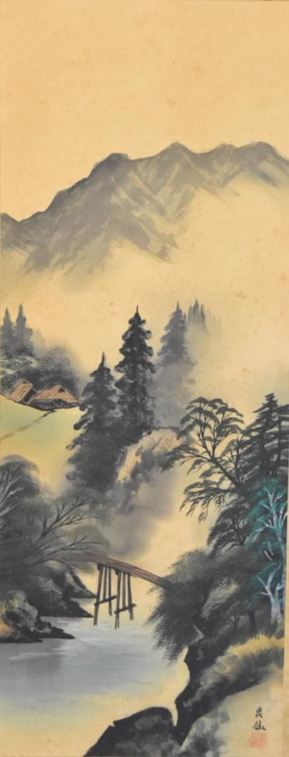 良仙 彩色山水 手巻き画絵巻 画軸 絹本 肉筆 立軸 年代保証書法WWKK068