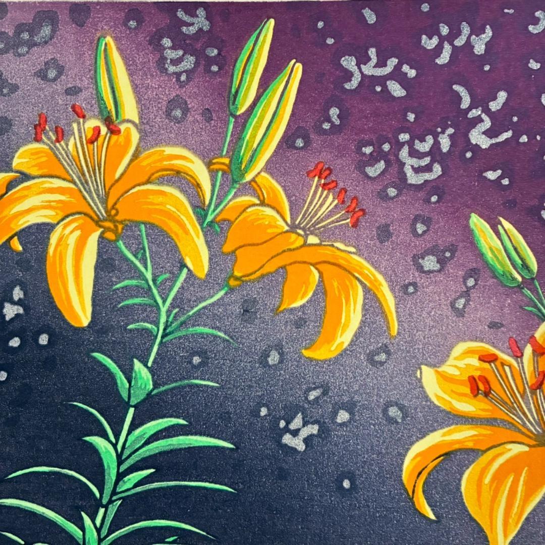 美品 牧野宗則「百合」木版画 1989年制作 直筆サイン入 新版画 人気作家