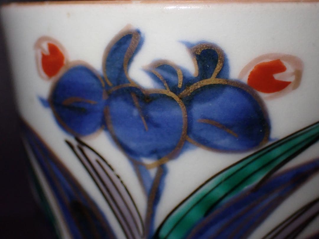 【完品】 古伊万里 そば猪口 あやめにトンボの図 蛇の目高台 骨董品 (青24)